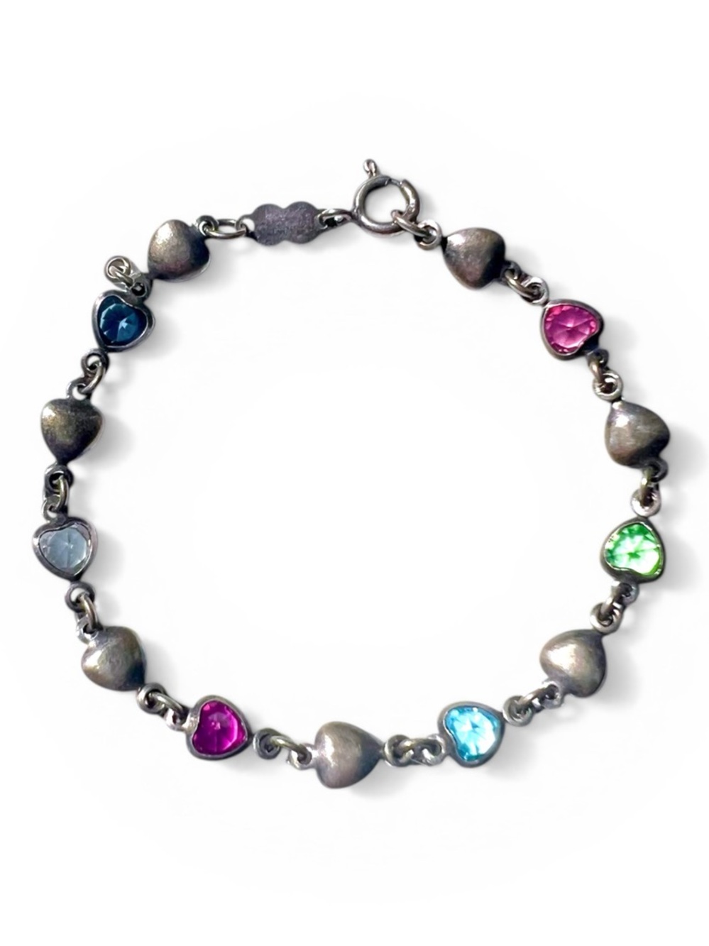 Vintage 90s Hearts Glass Crystals Sterling Silver Link Bracelet Italy 925